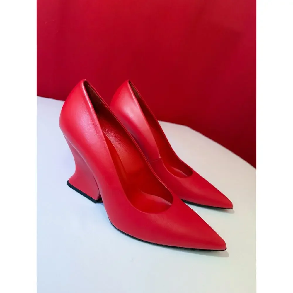 Sz 40 US 8.5 Italy Pumps Sheepskin Red 8 Yoox Wedge Pointed Toe Geometric Heel